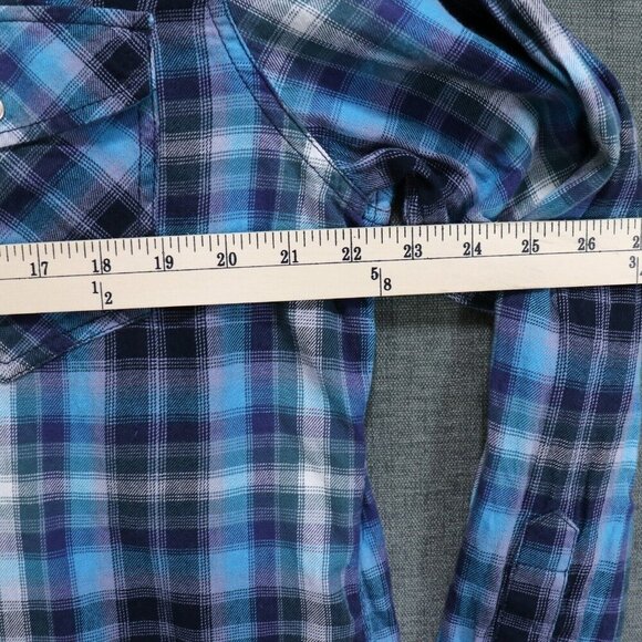 Sun + Stone Plaid Western Shirt Mens XL Long Sleeve Soft Blue Plaid Pearl Snap - Picture 5 of 10